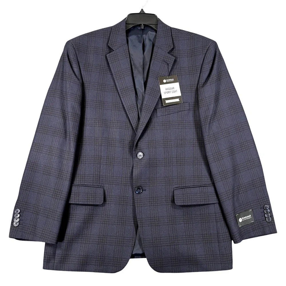 Haggar Sport Coat Mens 40S Navy Blue Glen Plaid Classic Fit Blazer Business Wear